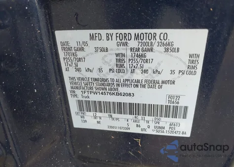 2006 Ford F-150 Fx4/Lariat/Xlt z USA, uszkodzony, nr VIN 1FTPW14576KB62083